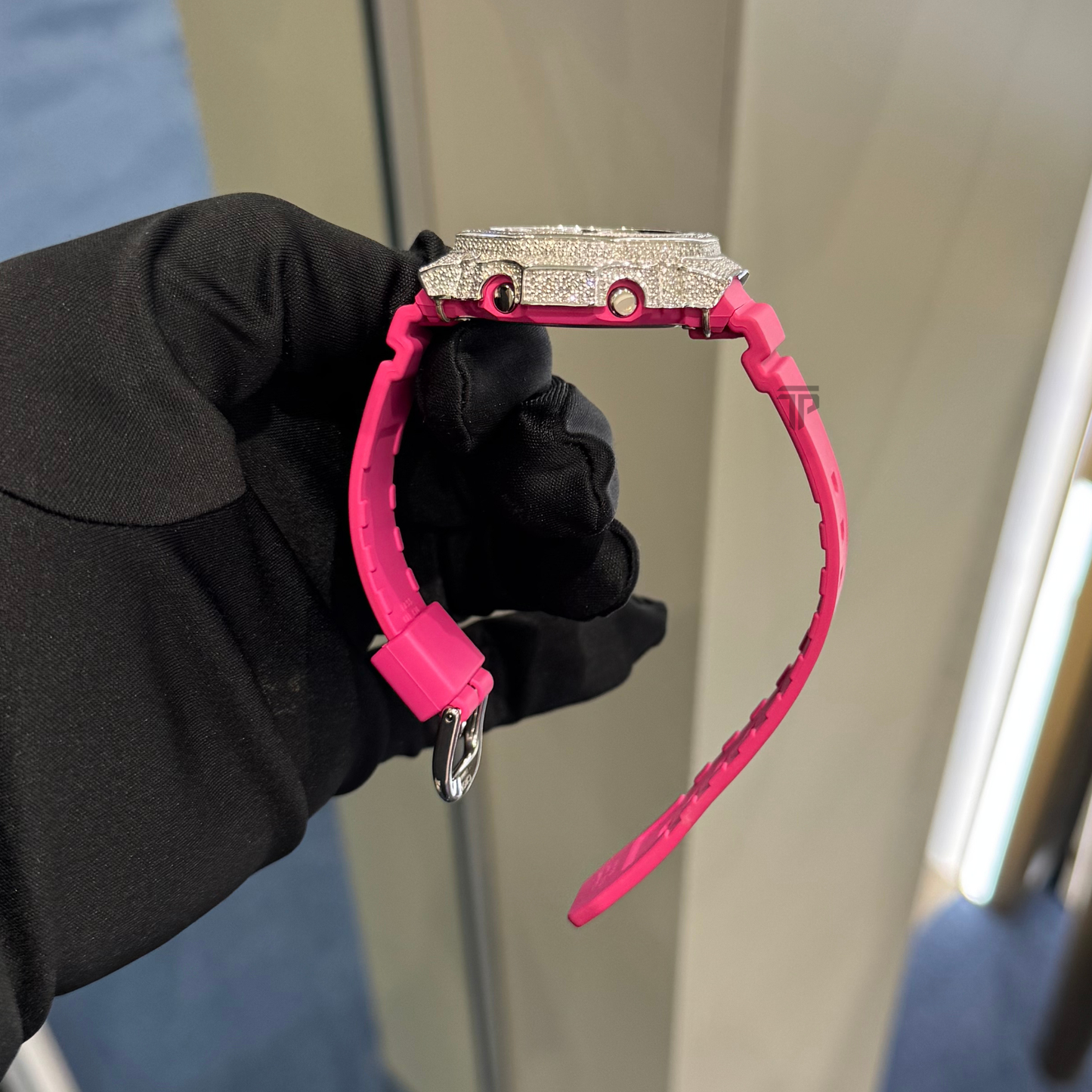 Casio Iced out G Shock Analog Lady Size Pink Band and Dial