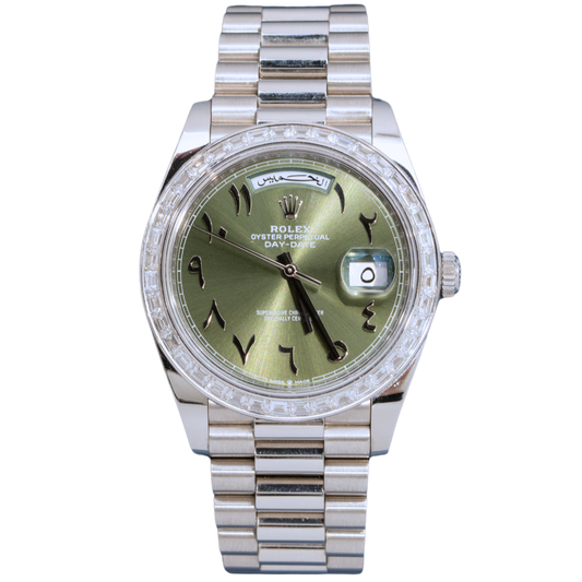 Rolex Day-Date Ref. 228396TBR Platinum Green Arabic Dial Baguette Bezel