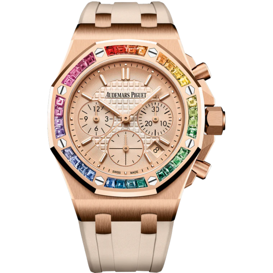 Royal Oak Offshore Selfwinding Chronograph 37MM Beige Rubber Strap Smoked Pink Gold-Toned Dial With Lady Tapisserie Pattern 18-Carat Pink Gold Case Bezel Set With Baguette-Cut Rainbow-Coloured Sapphires
