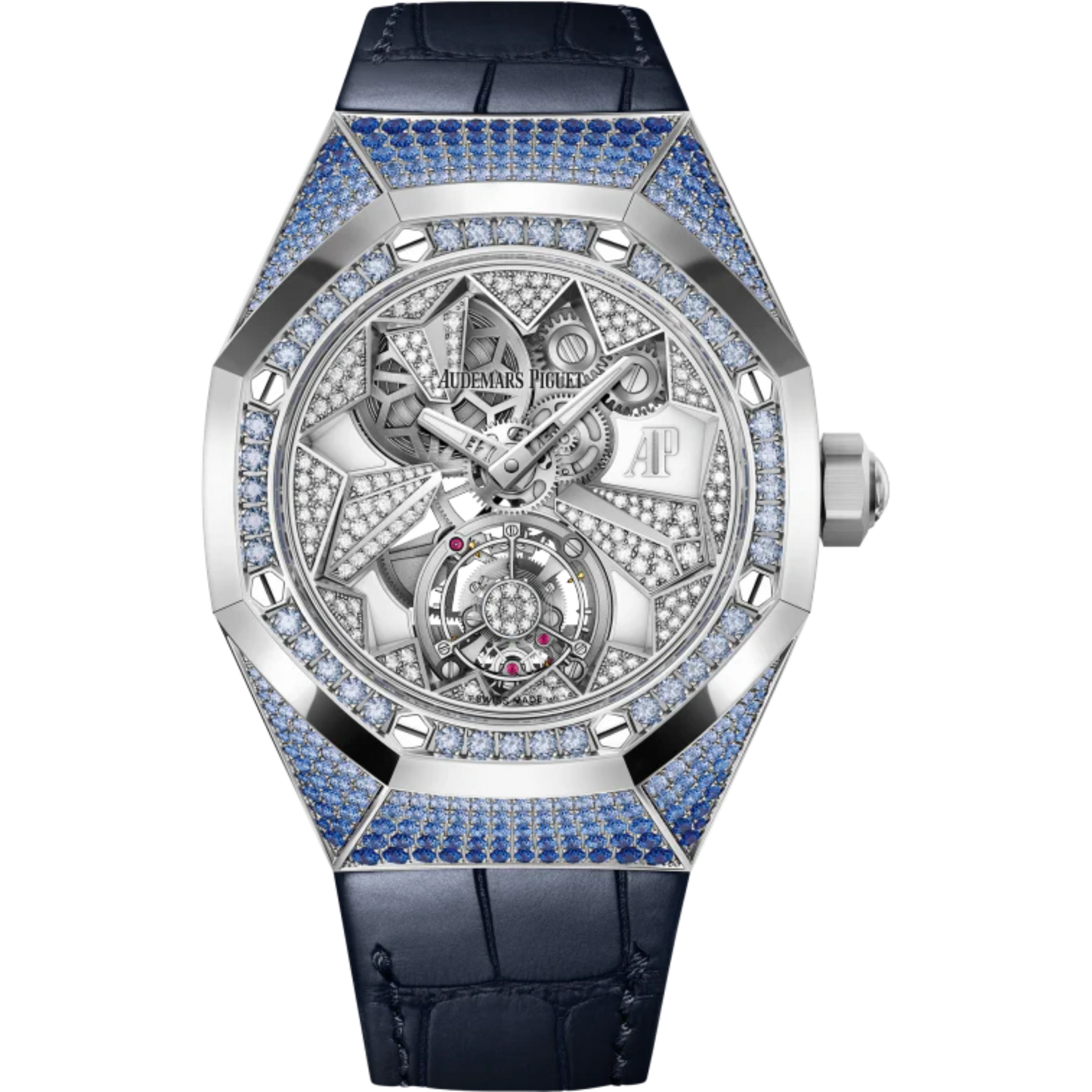 Royal Oak Concept 38.5mm Flying Tourbillon GMT Blue Aligator Strap with 18-Carat White Gold Dial Case Entirely Set Diamonds