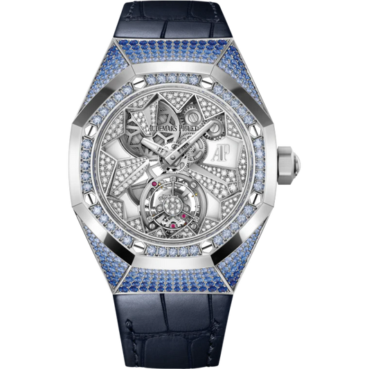Royal Oak Concept 38.5mm Flying Tourbillon GMT Blue Aligator Strap with 18-Carat White Gold Dial Case Entirely Set Diamonds