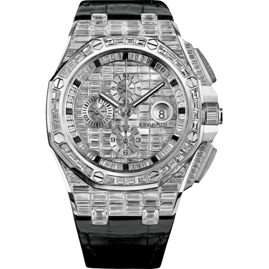 Royal Oak Offshore Chronograph 44MM Black Alligator Strap 18-Carat White Gold Dial Paved With Baguette-Cut Diamonds 18-Carat White Gold Case Entirely Set With Baguette-Cut Diamonds