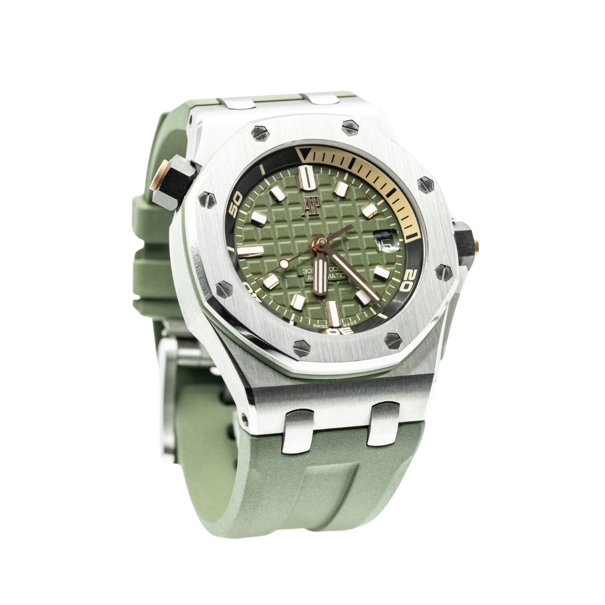 Royal Oak Offshore Diver 42MM Khaki Green Rubber Strap Khaki Green Dial With Méga Tapisserie Pattern Stainless Steel Case