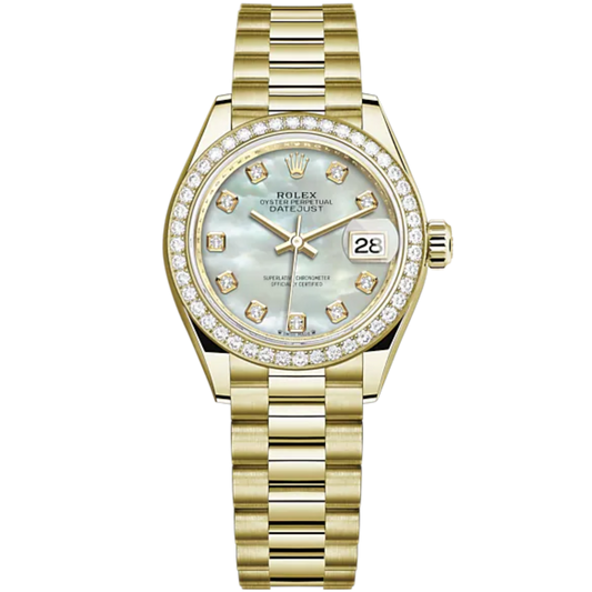 Lady-DateJust 28mm President Bracelet and 18 KT Yellow Gold with White Mother-of Pearl Dial Diamond-Set Dial and Diamond-Set Bezel