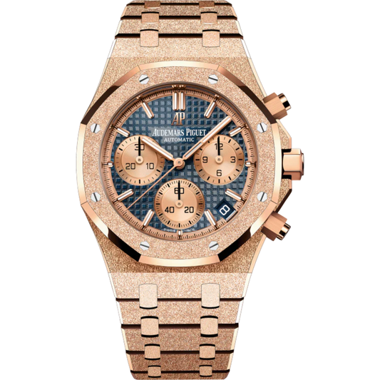 Royal Oak Frosted Gold Selfwinding Chronograph 41MM Hammered 18-Carat Pink Gold Bracelet Blue Dial With Grande Tapisserie Pattern Hammered 18-Carat Pink Gold Case