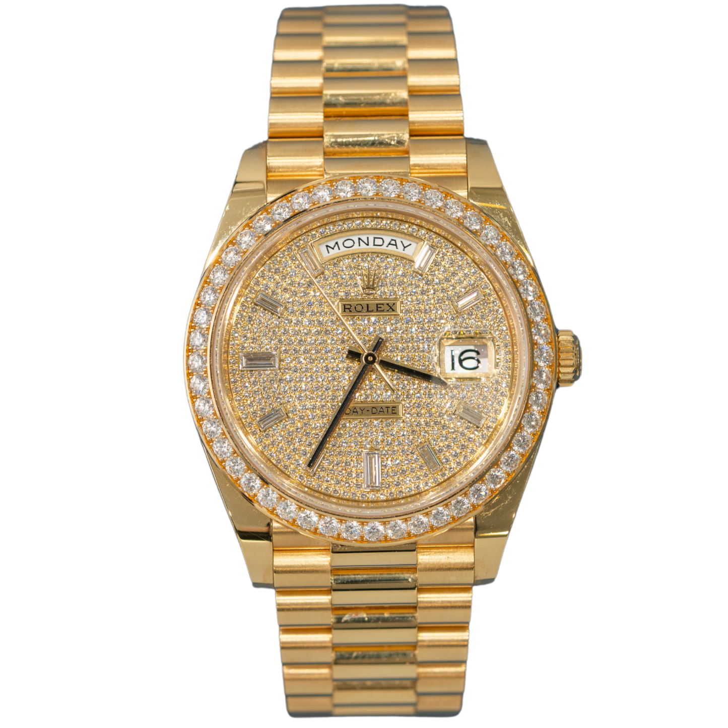 Rolex Day-Date Ref. 228348RBR Yellow Gold Pave Dial with Baguette Hour Markers