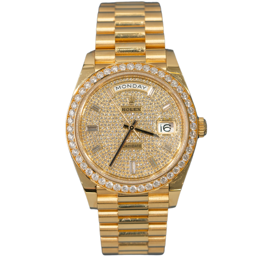 Rolex Day-Date Ref. 228348RBR Yellow Gold Pave Dial with Baguette Hour Markers