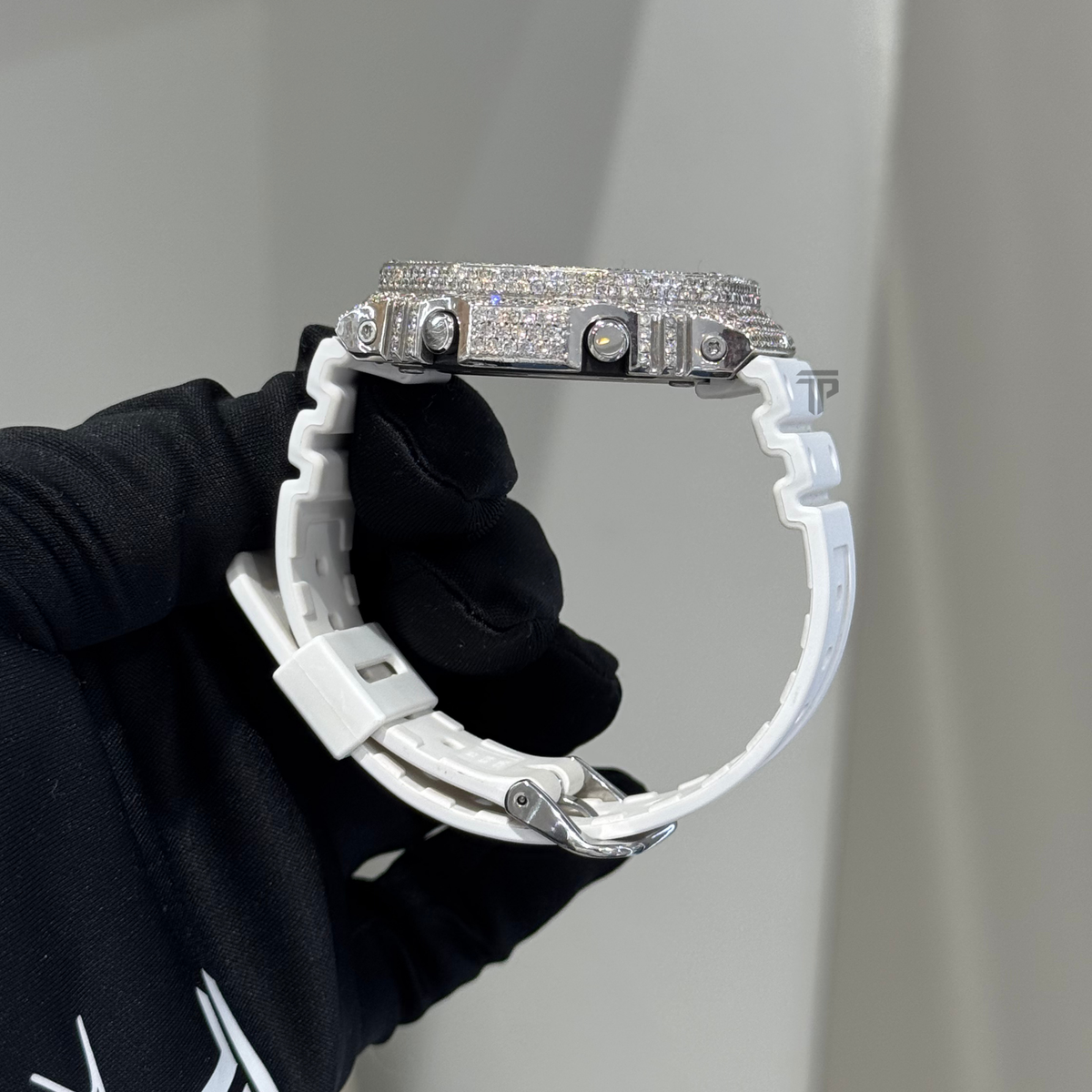 Casio Iced out G Shock Analog (White Gold with Tiffany Blue Dial and White Strap)