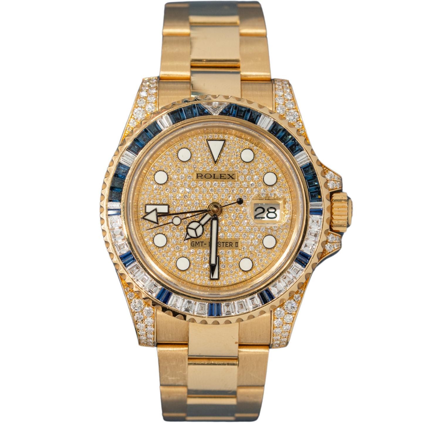 Rolex GMT Master Ref. 116758SA Yellow Gold Pave Dial/Sapphire and Baguette Bezel