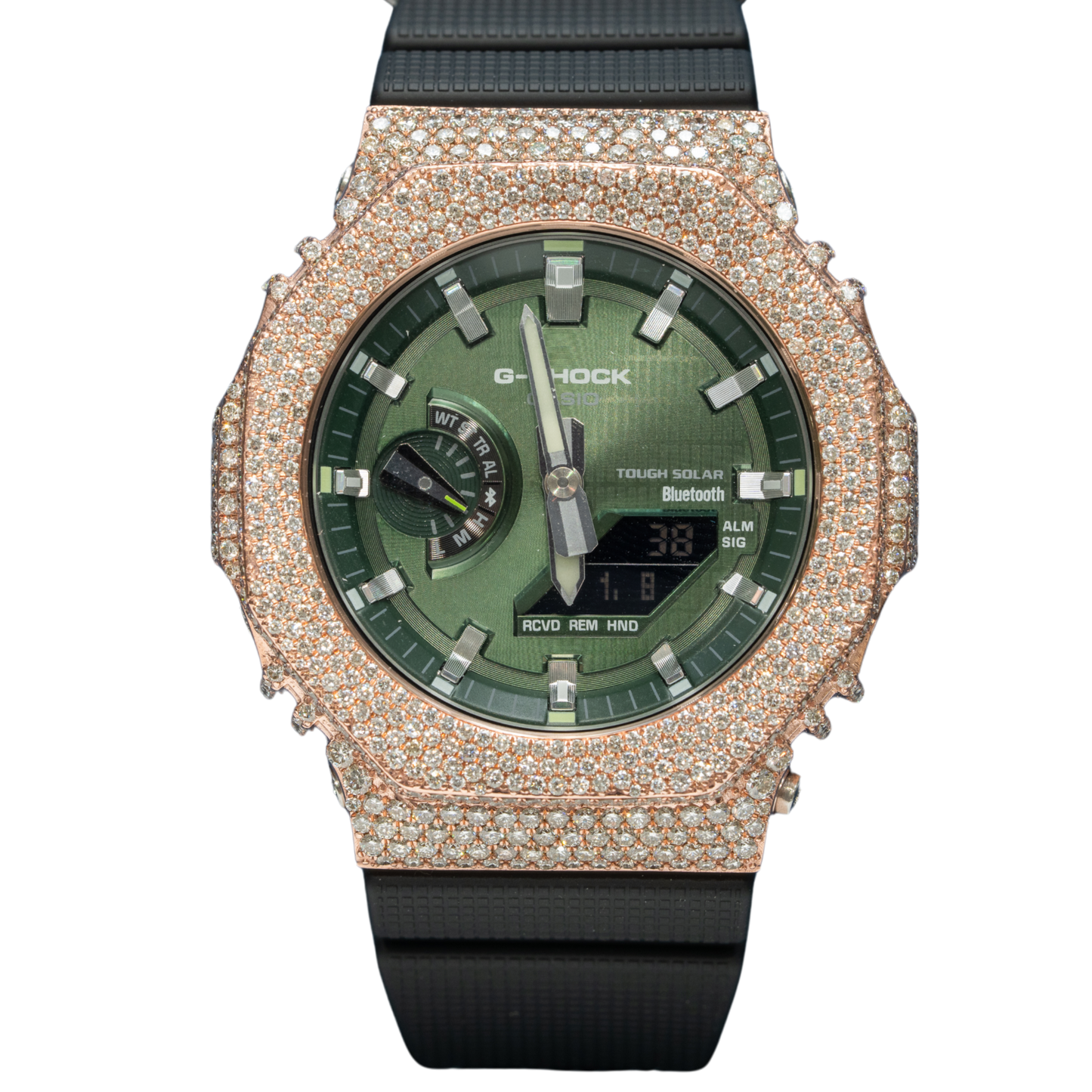 Casio Iced out G-SHOCK Honeycomb Setting All Rose Bezel 8.20 CTW Diamonds Olive Green Dial