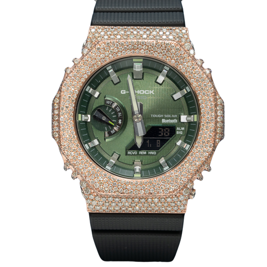 Casio Iced out G-SHOCK Honeycomb Setting All Rose Bezel 8.20 CTW Diamonds Olive Green Dial