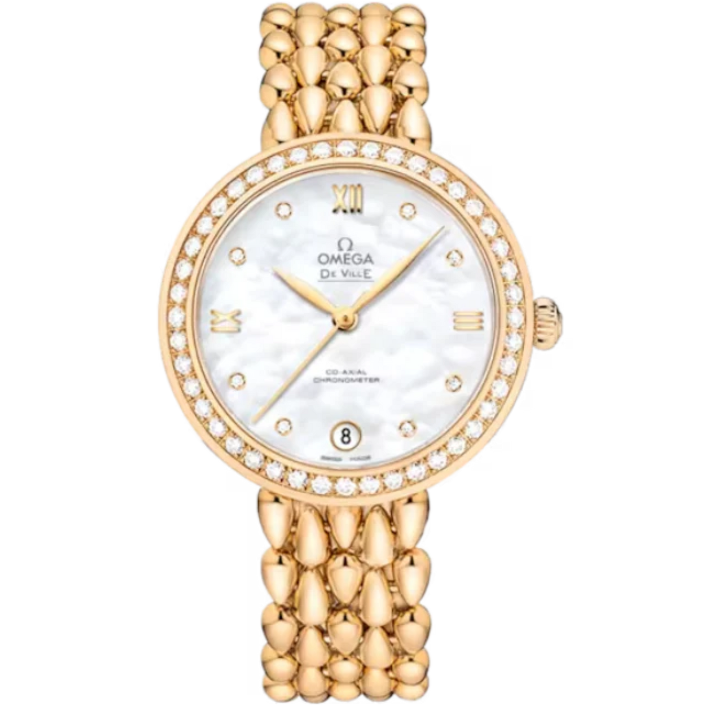 DE VILLE PRESTIGE DEWDROP 33 MM YELLOW GOLD WITH MOTHER OF PEARL DIAL