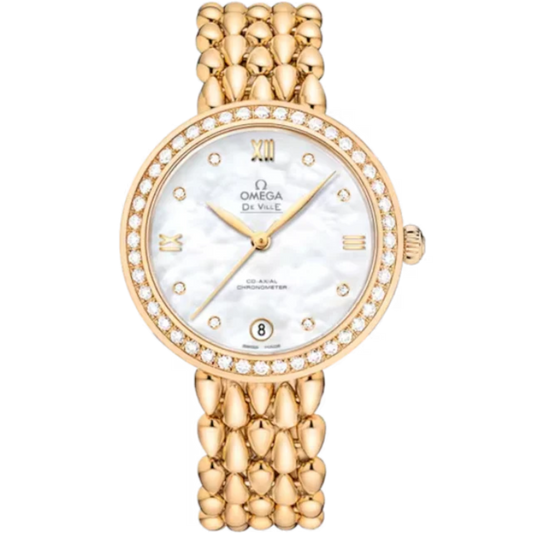 DE VILLE PRESTIGE DEWDROP 33 MM YELLOW GOLD WITH MOTHER OF PEARL DIAL