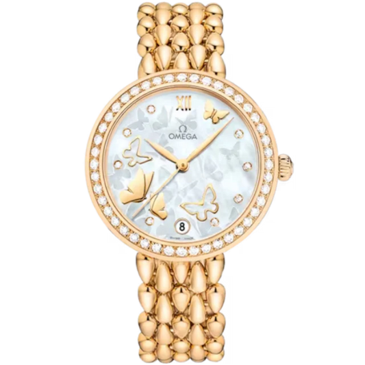 DE VILLE PRESTIGE DEWDROP 33 MM YELLOW GOLD WITH MOTHER OF PEARL DIAL