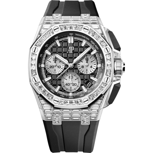 Royal Oak Offshore Selfwinding Chronograph 43MM Black Rubber Strap Black Dial With Méga Tapisserie Pattern 18-Carat White Gold Case and Bezel Set With Baguette-Cut Diamonds