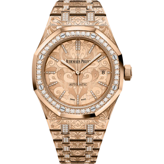 Royal Oak Selfwinding 37MM 18-Carat Pink Gold Bracelet 18-Carat Pink Gold Dial 18-Carat Pink Gold Case With Cashmere Engraving Pattern Diamond-Set Bezel