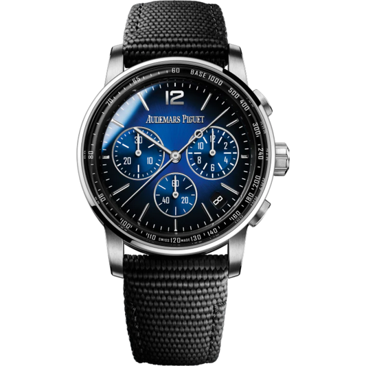 Code 11.59 by Audemars Piguet 41mm Selfwinding Chronograph Black Rubber-Coated Strap Smoked Blue Lacquered Dial 18-Carat White Gold Case