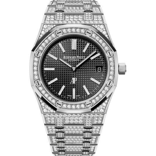 Royal Oak Jumbo Extra-Thin 39MM Diamond-Set 18-Carat White Gold Bracelet Black Dial With Petite Tapisserie Pattern 18-Carat White Gold Case Set With Brillant-Cut Diamonds