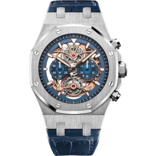 Royal Oak Tourbillon Chronograph Openworked 44MM Blue Alligator Strap Openworked Blue Dial 950 Platinum Case