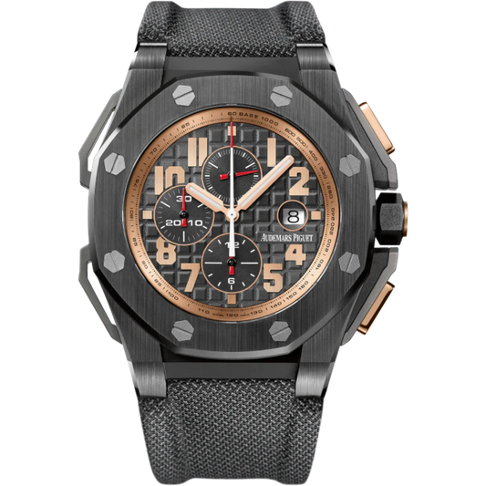 Royal Oak Offshore Arnold Schwarzenegger The Legacy Chronograph 48MM Aramide Fibres Strap Black Dial With Méga Tapisserie Pattern Black Ceramic Case