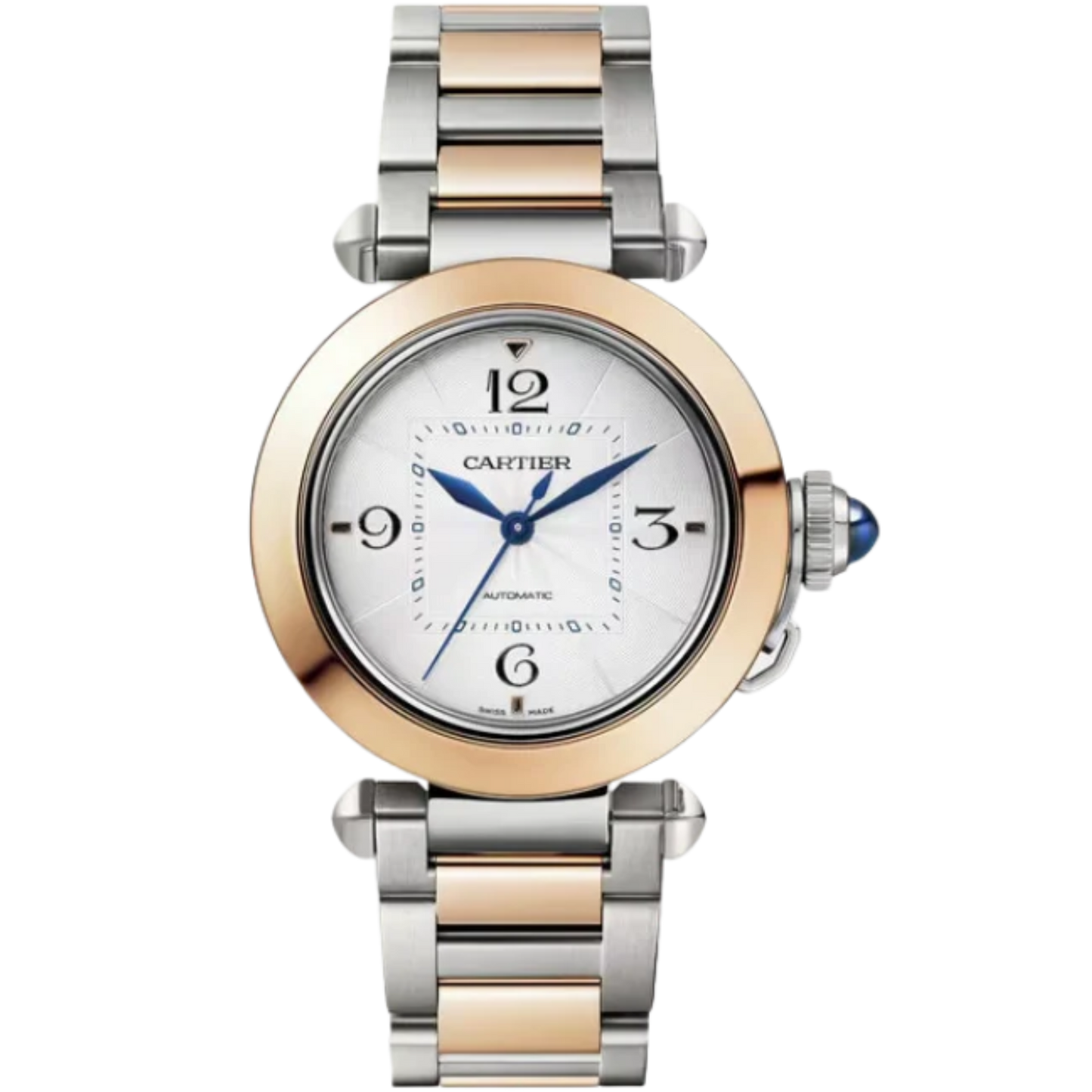 PASHA DE CARTIER 35 MM STAINLESS STEEL WITH 18K ROSE GOLD BEZEL AND SILVER FLINQUE DIAL