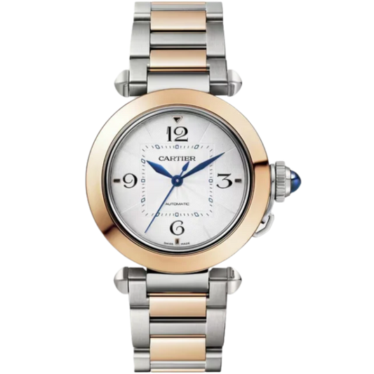 PASHA DE CARTIER 35 MM STAINLESS STEEL WITH 18K ROSE GOLD BEZEL AND SILVER FLINQUE DIAL