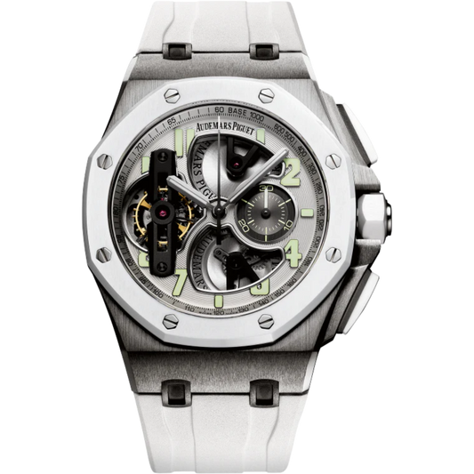 Royal Oak Offshore Tourbillon Chronograph 44MM White Rubber Strap Silver-Toned Dial Openworked at 6, 9 and 12 O’Clock, Black Counter Titanium Case White Ceramic Bezel