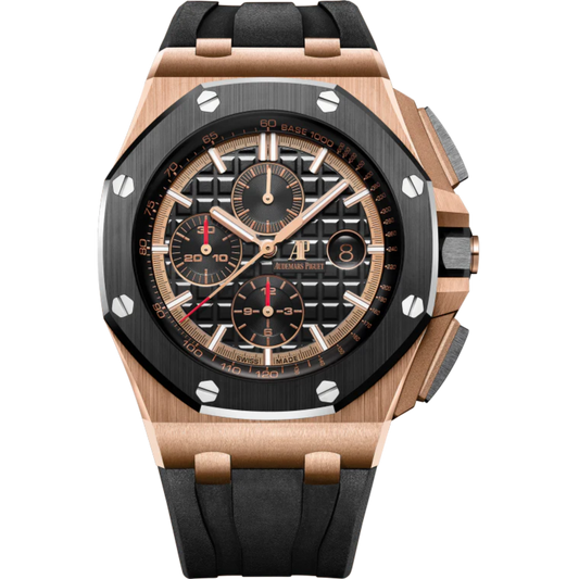 Royal Oak Offshore Selfwinding Chronograph 44MM Black Rubber Strap Black Dial With Mega Tapisserie Pattern 18-Carat Pink Gold Case Black Ceramic Bezel