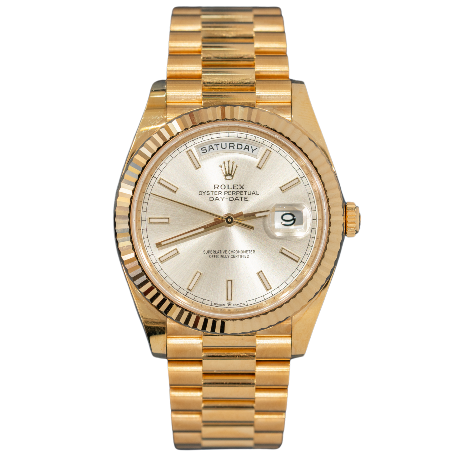 Rolex Day-Date Ref. 228238 40mm Yellow Gold with Silver Stick Dial Fluted Bezel