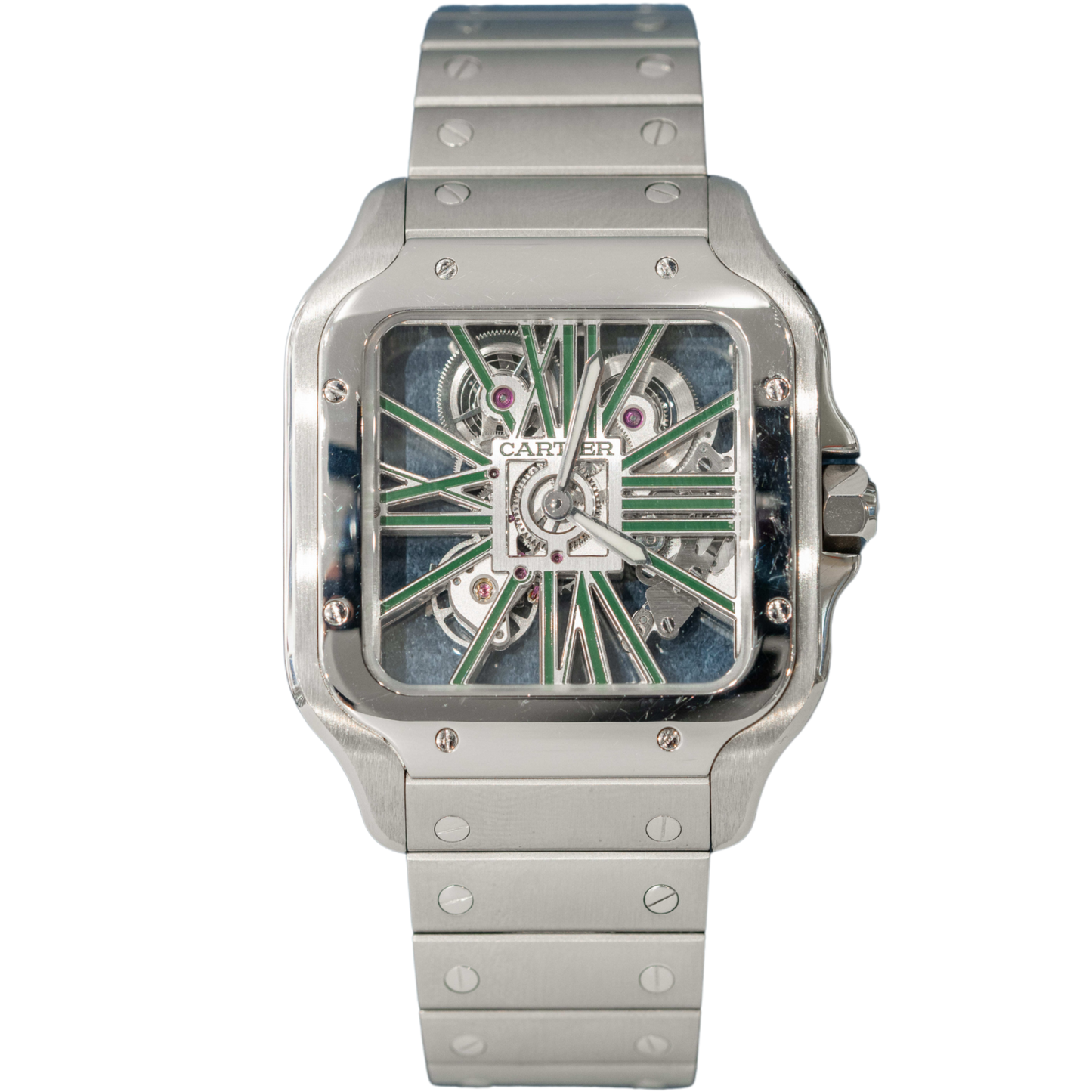 Cartier WHSA0028 Stainless Steel Cartier Santos Large Skeleton with Green Dial