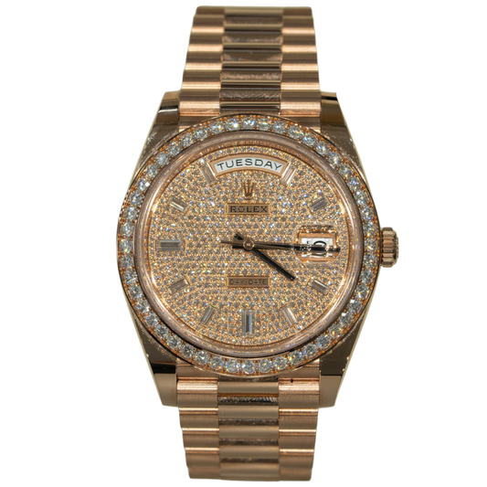 Rolex Day Date Ref. 228345RBR 40MM Rose Gold Pave Dial/Baguette Markers with Diamond Bezel
