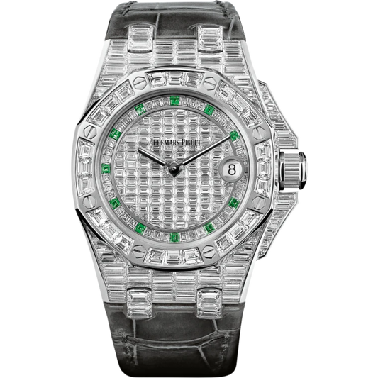 Royal Oak Offshore Quartz 37MM Black Alligator Strap 18-Carat White Gold Dial Paved With Baguette-Cut Diamonds 18-Carat White Gold Case, Entirely Set With Baguette-Cut Diamonds