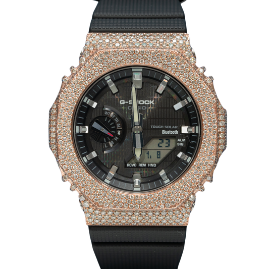 Casio Iced out G-SHOCK Honeycomb Setting All Rose Bezel 8.20 CTW Diamonds Black Dial