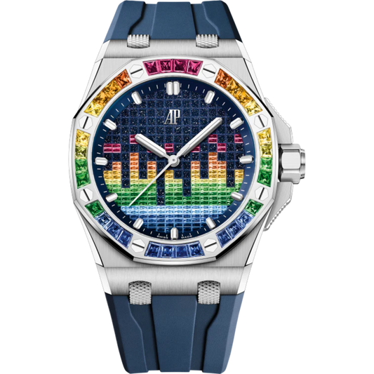Royal Oak Offshore Selfwinding - Music Edition 43MM Blue Rubber Strap Blue Aventurine Dial With VU Meter Set With Gemstones 18-Carat White Gold Case Bezel Set With Red to Blue Baguette-Cut Gemstones