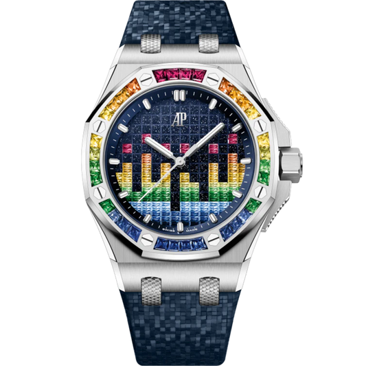 Royal Oak Offshore Selfwinding - Music Edition 37MM Blue Rubber Strap With Constellation Texture Blue Aventurine Dial With VU Meter Set With Coloured Gemstones 18-Carat White Gold Case Bezel Set With Red to Blue Baguette-Cut Gemstones