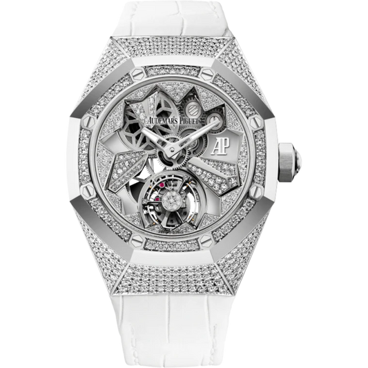 Royal Oak Concept 38.5mm Flying Tourbillon White Aligator Strap with 18-Carat White Gold Case Entirely Set Diamonds
