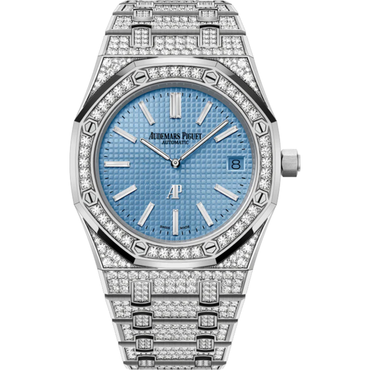 Royal Oak Jumbo Extra-Thin 39MM Diamond-Set 18-Carat White Gold Bracelet Light Blue Dial With Petite Tapisserie Pattern 18-Carat White Gold Case Set With Brillant-Cut Diamonds