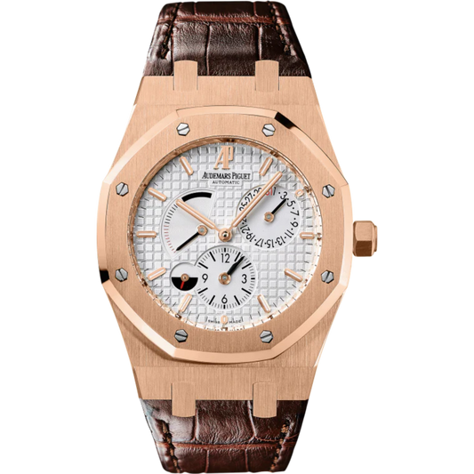 Royal Oak Dual Time 39MM Brown Alligator Strap Silver-Toned Dial With Grande Tapisserie Pattern 18-Carat Pink Gold Case