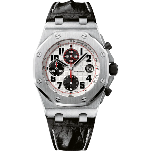 Royal Oak Offshore Chronograph 42MM Black Leather Strap Silvered Dial With Méga Tapisserie Pattern Stainless Steel Case