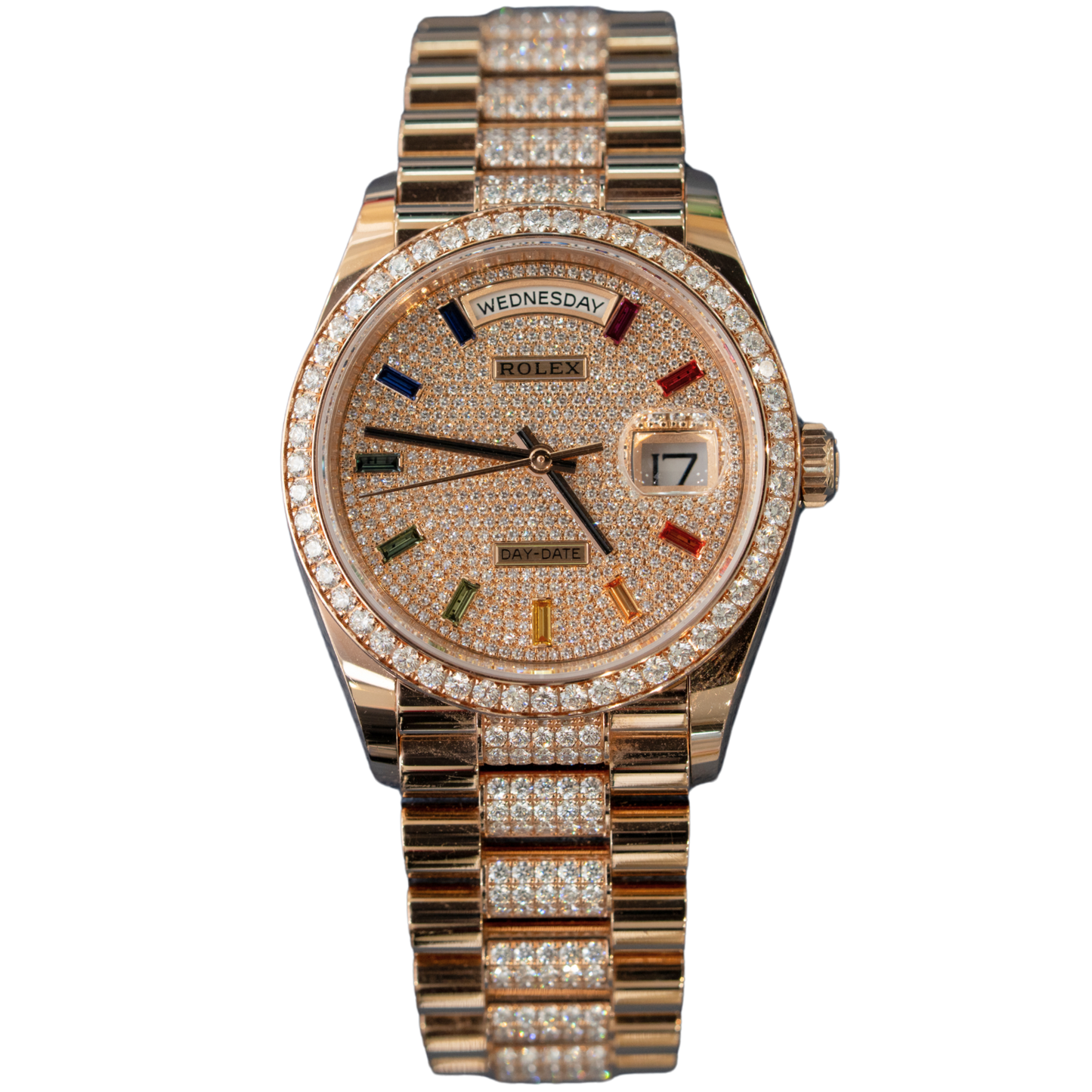 Rolex Day Date Ref. 128345RBR 36mm Rose Gold Pave Rainbow Dial with Pave Bracelet