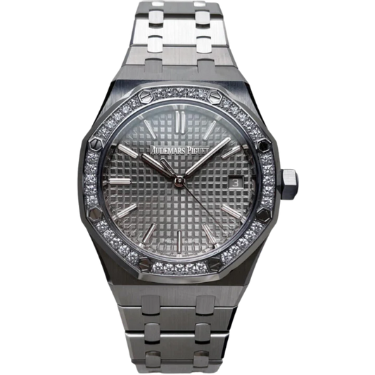 15551ST.ZZ.1356ST.03 37MM Stainless Steel 50th Anniversary Grey Dial Royal Oak with Diamond Bezel