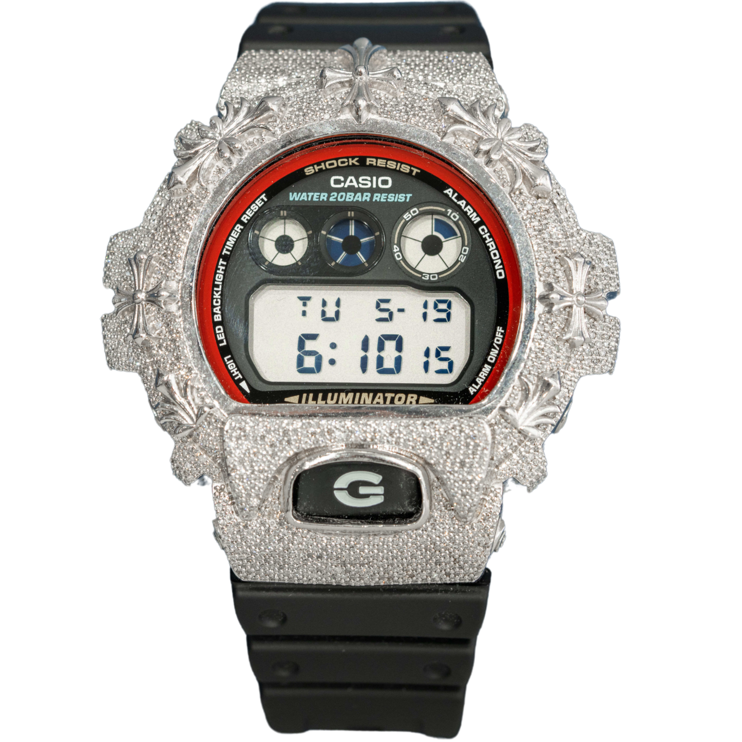 Casio Iced out G Shock Digital White gold with Black and Red Dial (Crosses on Bezel CH Style)
