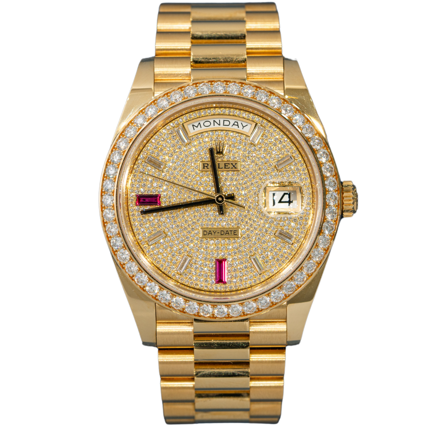 Rolex Day Date Ref. 228398TRBR Yellow Gold Pave Dial Ruby 69 Markers Baguette Bezel