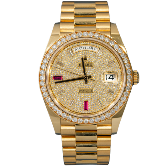Rolex Day Date Ref. 228398TRBR Yellow Gold Pave Dial Ruby 69 Markers Baguette Bezel
