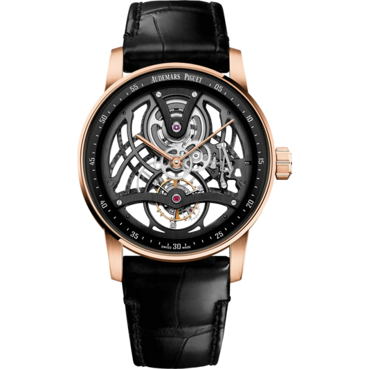 Code 11.59 by Audemars Piguet 41mm Black Alligator Strap Lacquered Black Inner Bezel Openworked Dial Pink Gold Bezel