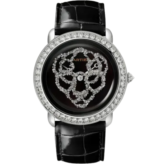 REVELATION D'UNE PANTHERE 37 MM RHODIUMIZED 18K WHITE GOLD WITH BLACK LACQUER DIAL
