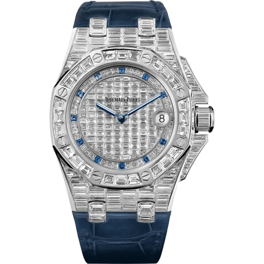 Royal Oak Offshore Quartz 37MM Blue Alligator Strap 18-Carat White Gold Dial Paved With Baguette-Cut Diamonds 18-Carat White Gold Case, Entirely Set With Baguette-Cut Diamonds