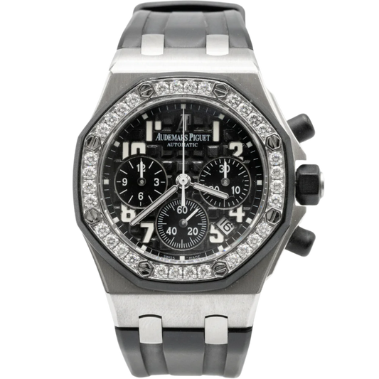 Royal Oak Offshore Chronograph 37MM Black Rubber Strap Black Dial With Méga Tapisserie Pattern Stainless Steel Case Diamond-Set Bezel