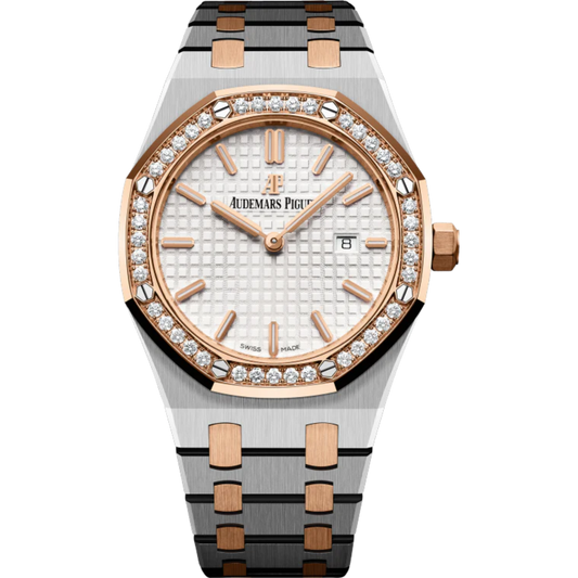 Royal Oak Quartz 33MM Stainless Steel and 18-Carat Pink Gold Bracelet Silver-Toned Dial With Grande Tapisserie Pattern Stainless Steel Case 18-Carat Pink Gold Bezel