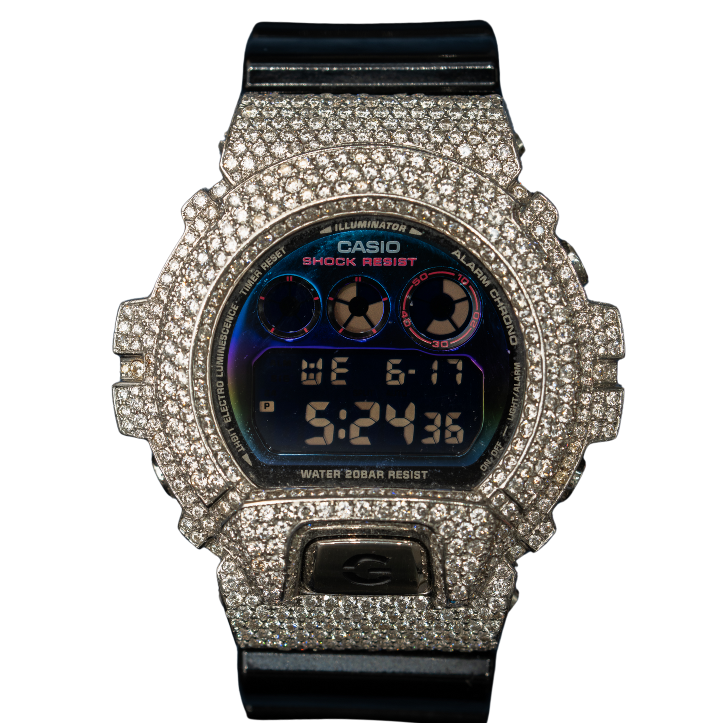 Casio Iced out G Shock Digital White Gold with TRI COLOR Blue/Purple/Green Dial